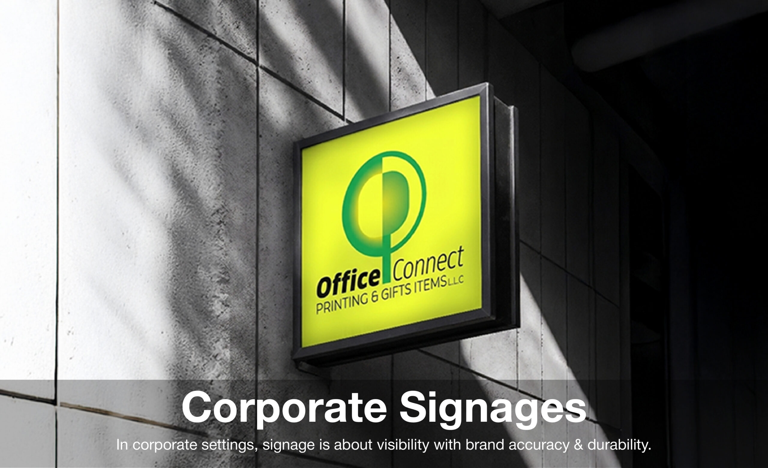 Corporate signage printing in Dubai for office reception and branding by Office Connect