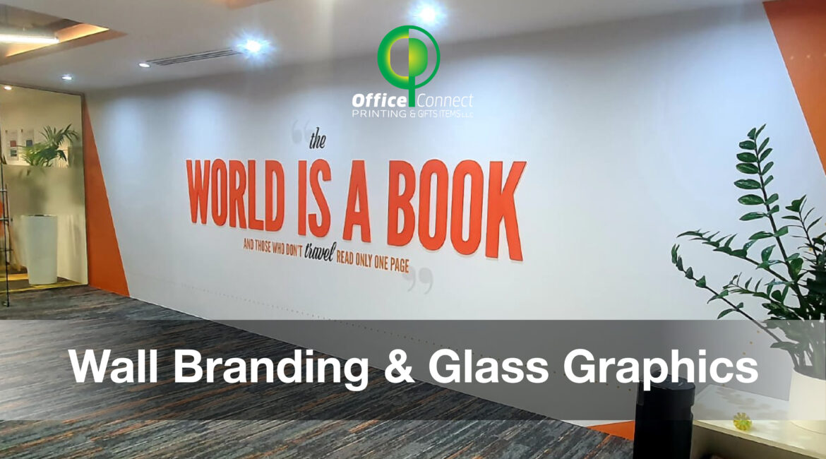 Large-scale corporate wall branding in Dubai office interior