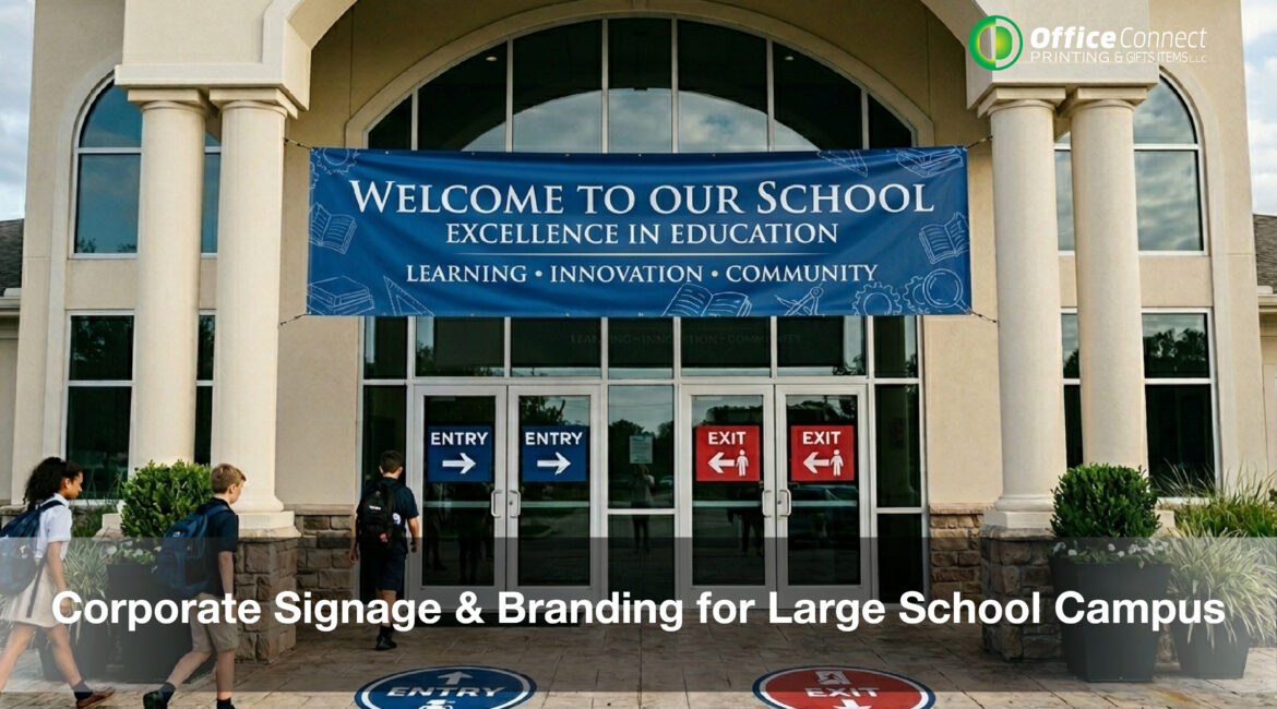 Unified corporate signage and branding across a large Dubai school campus