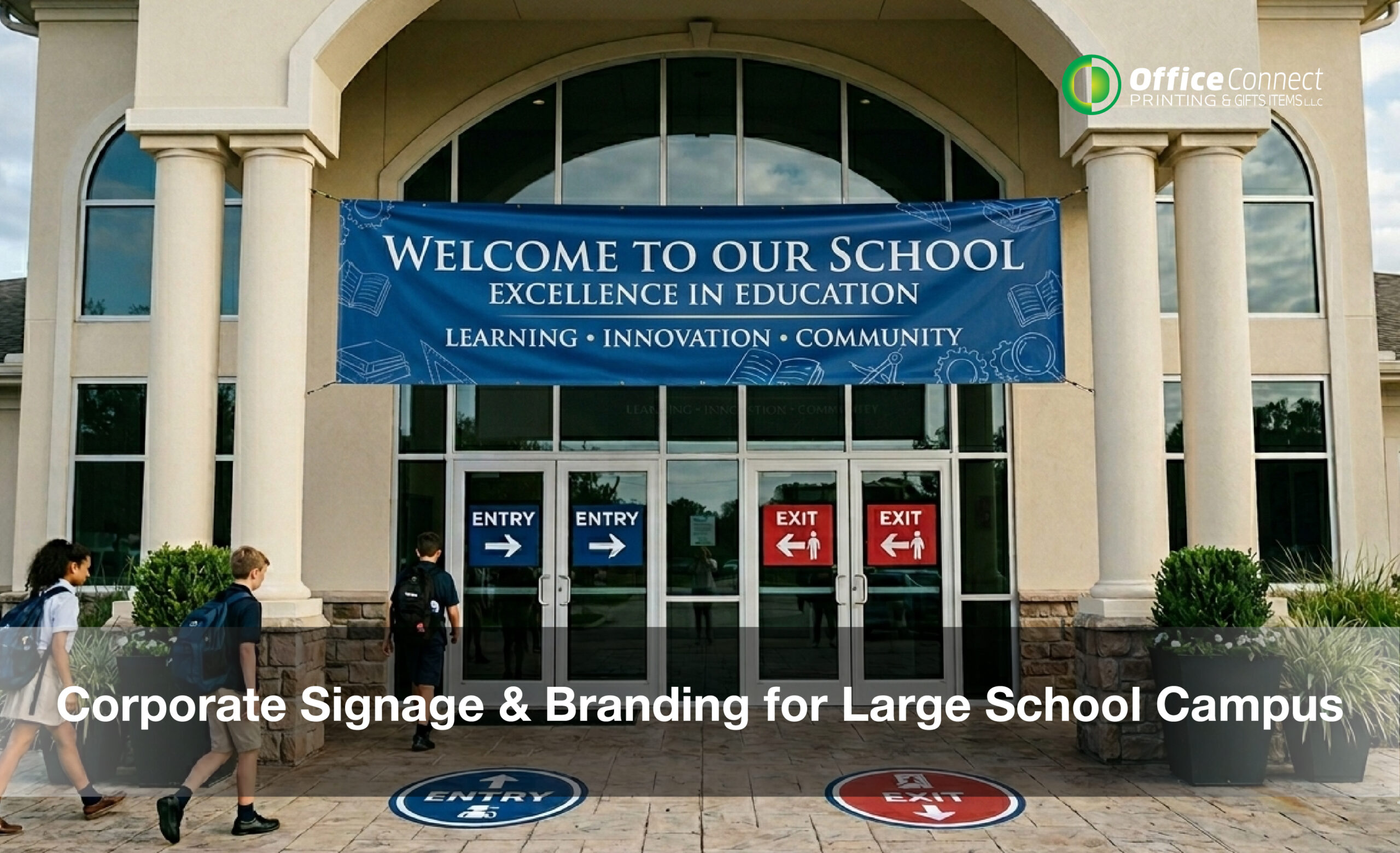 Unified corporate signage and branding across a large Dubai school campus