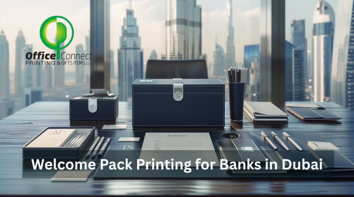 Bank welcome pack with card carrier, welcome letter, and product guides printed by Office Connect Printing in Dubai
