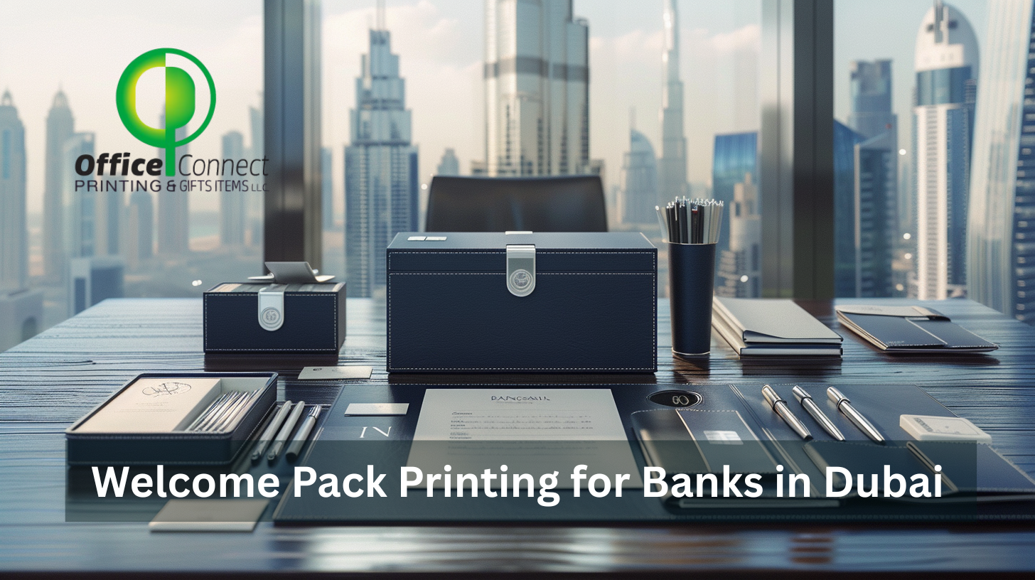 Bank welcome pack with card carrier, welcome letter, and product guides printed by Office Connect Printing in Dubai