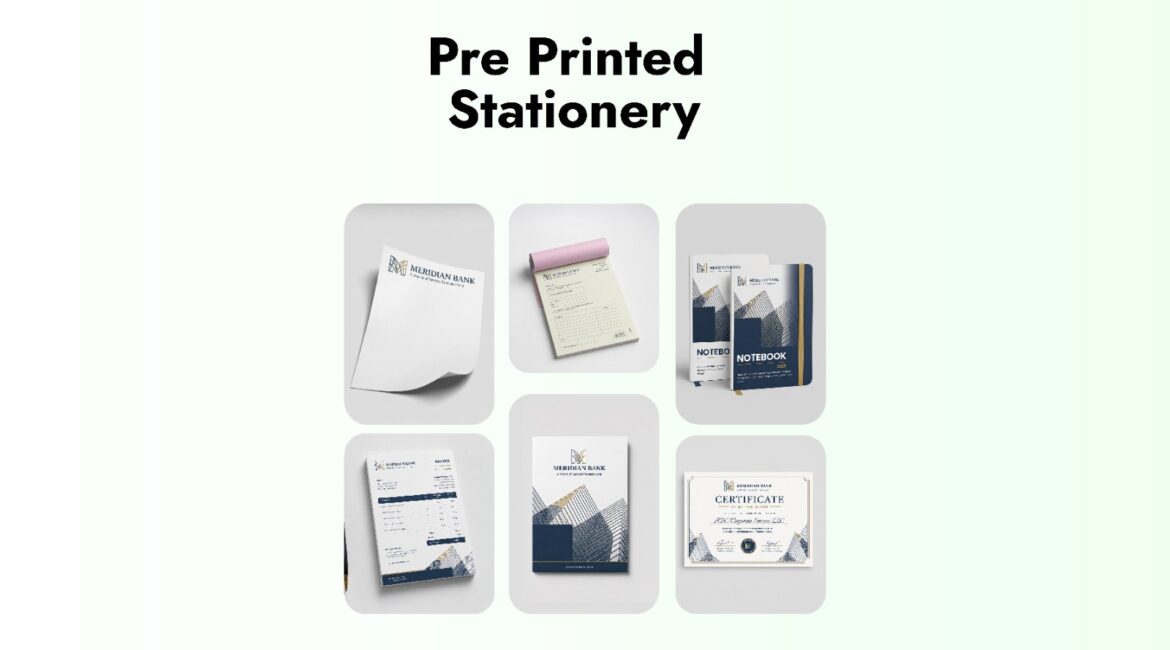 Pre-printed bank stationery items including KYC forms, deposit slips, passbook covers and welcome packs in UAE