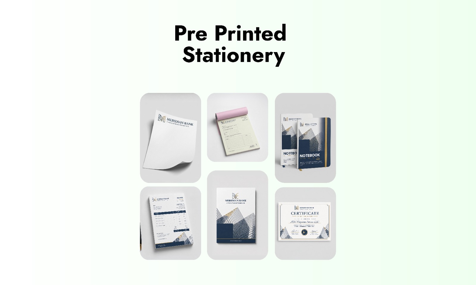 Pre-printed bank stationery items including KYC forms, deposit slips, passbook covers and welcome packs in UAE