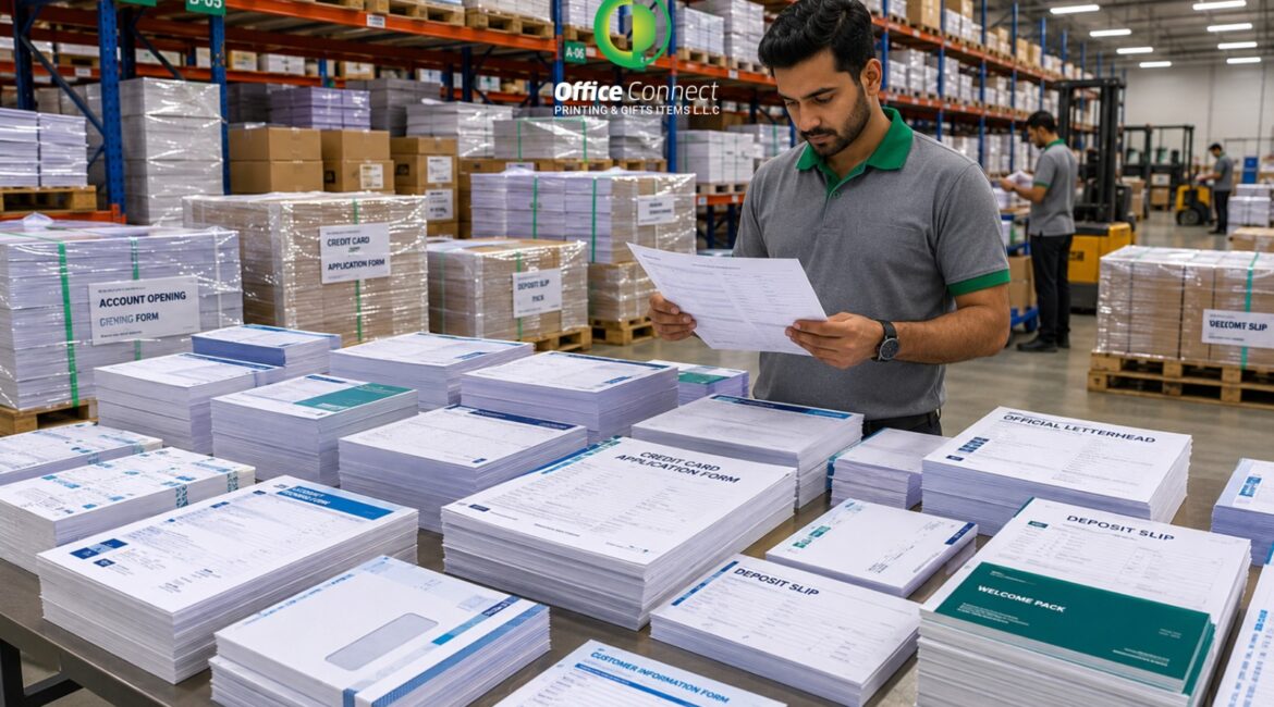 Bulk pre-printed banking stationery forms produced for bank branches across Dubai by Office Connect Printing