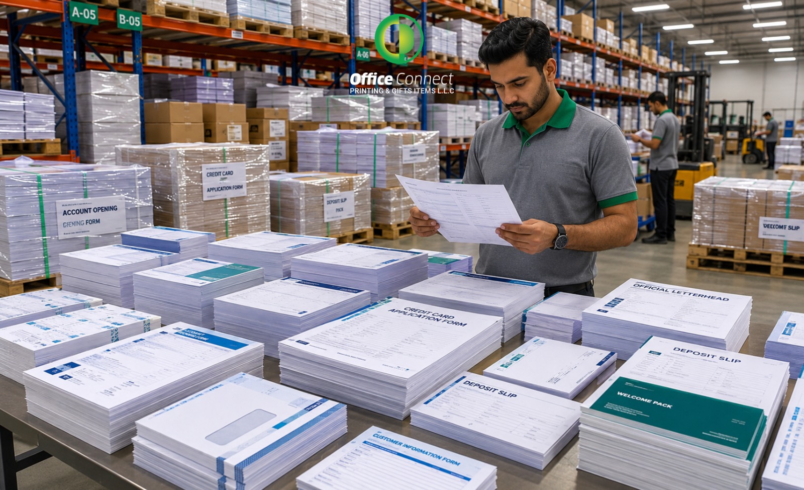 Bulk pre-printed banking stationery forms produced for bank branches across Dubai by Office Connect Printing