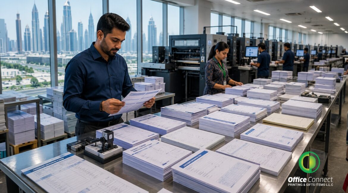 Stack of pre-printed banking stationery forms including account opening and welcome pack documents by Office Connect Printing Dubai