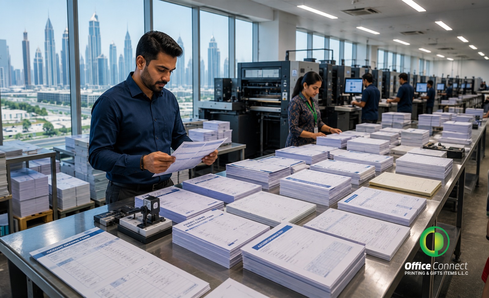 Stack of pre-printed banking stationery forms including account opening and welcome pack documents by Office Connect Printing Dubai