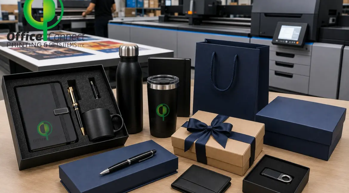 corporate gifts printing Dubai - branded notebook, pen and leather cardholder set for clients