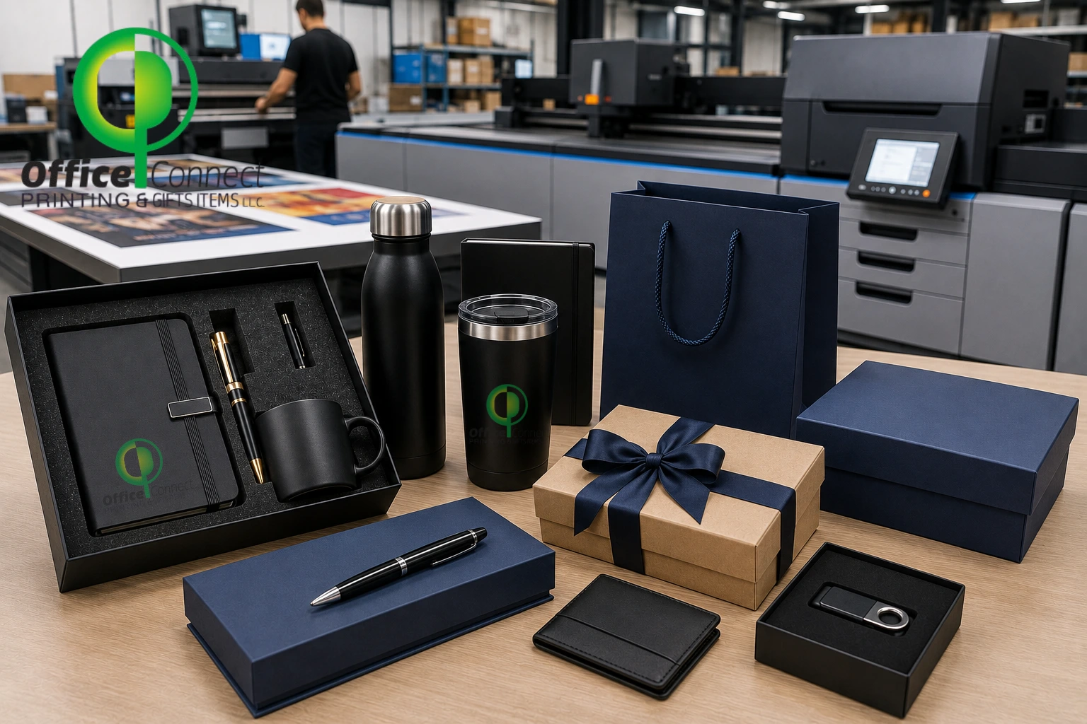 corporate gifts printing Dubai - branded notebook, pen and leather cardholder set for clients