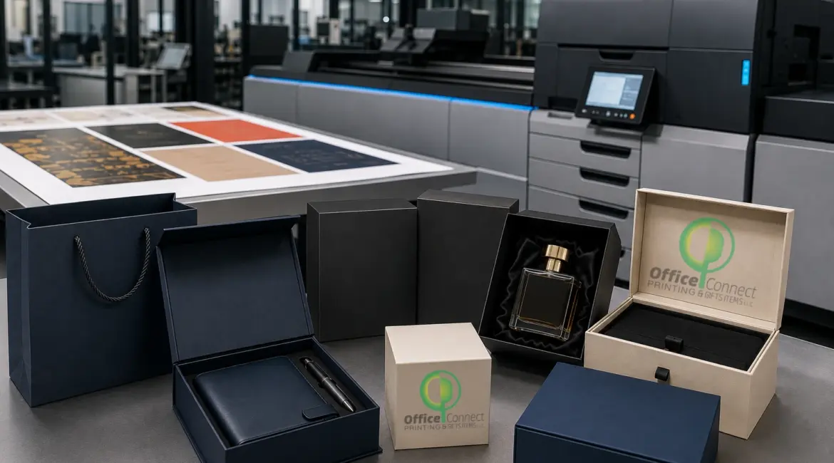 custom packaging printing Dubai - branded retail product boxes on shelf