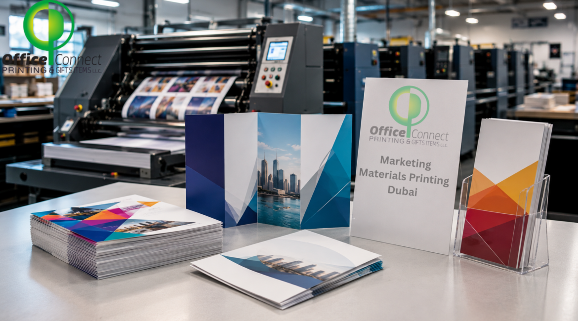 marketing materials printing Dubai - stack of professionally printed flyers and leaflets