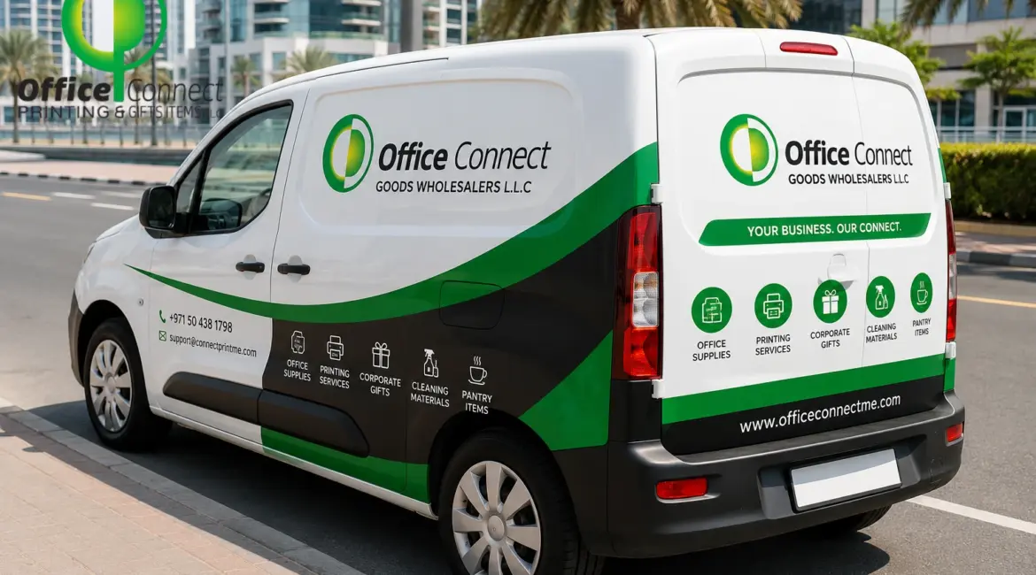 vehicle wrap printing Dubai - branded car with full vinyl wrap on Sheikh Zayed Road