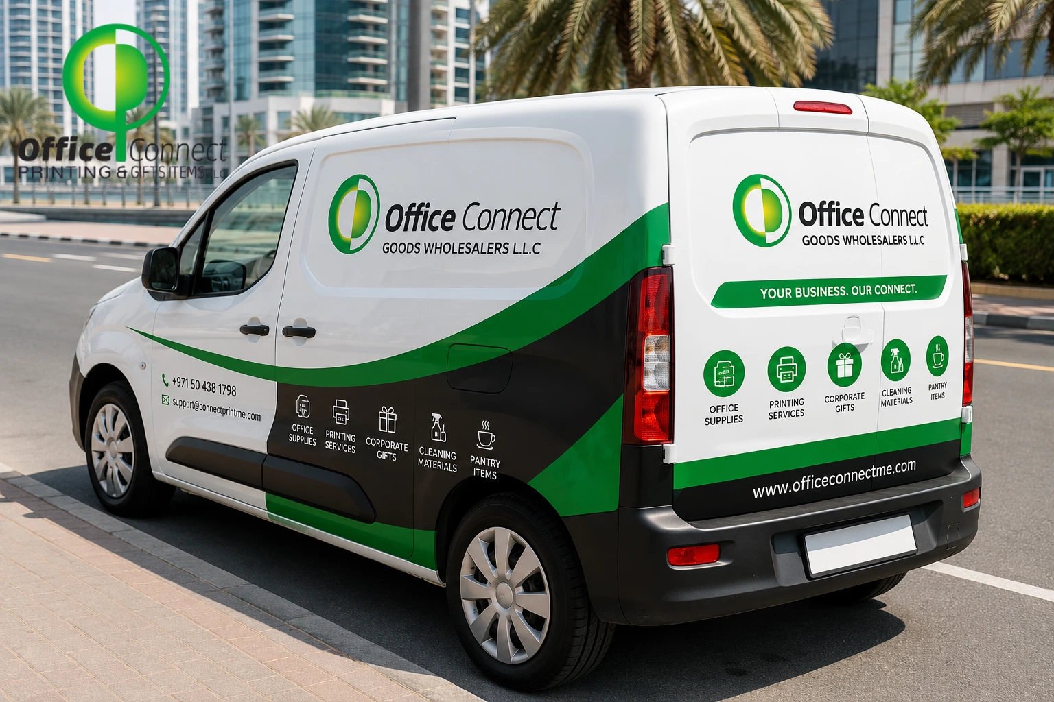 vehicle wrap printing Dubai - branded car with full vinyl wrap on Sheikh Zayed Road