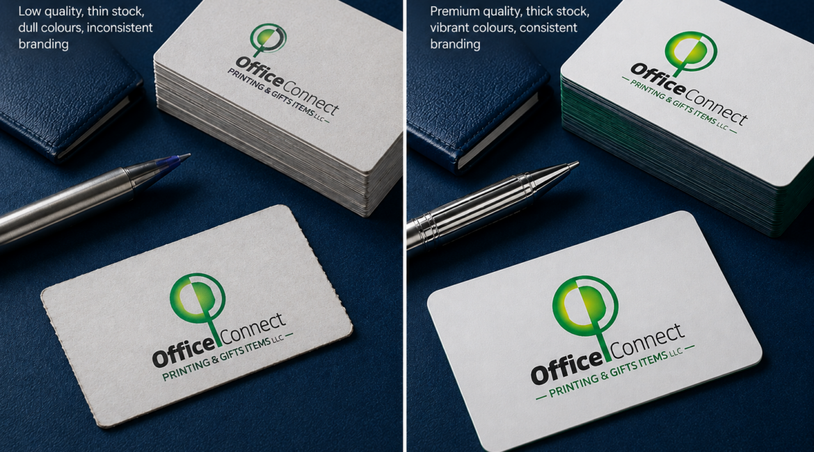 Corporate printing services in Dubai showing branded business materials before and after quality upgrade