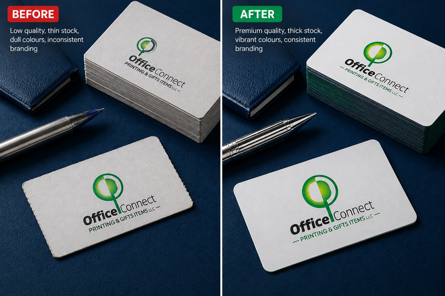 Corporate printing services in Dubai showing branded business materials before and after quality upgrade