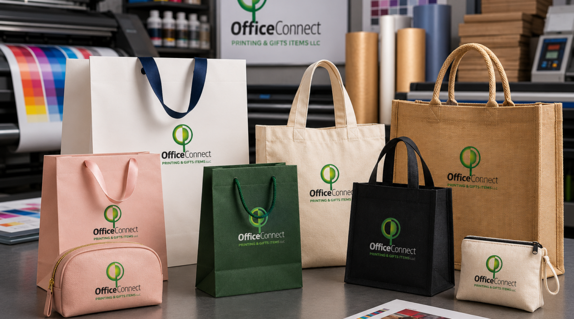 Branded shopping bags printed in Dubai displayed in a retail setting