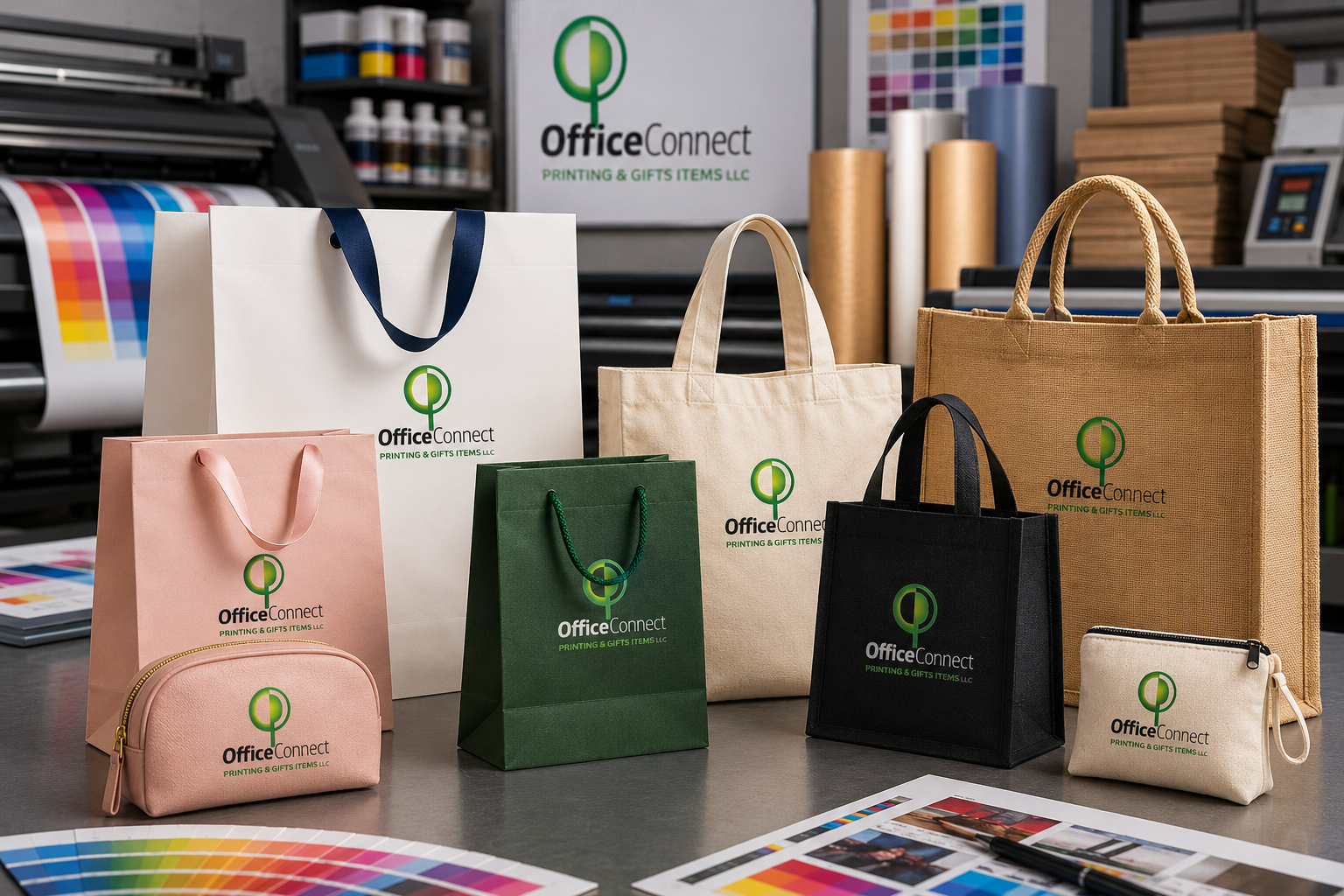 Branded shopping bags printed in Dubai displayed in a retail setting