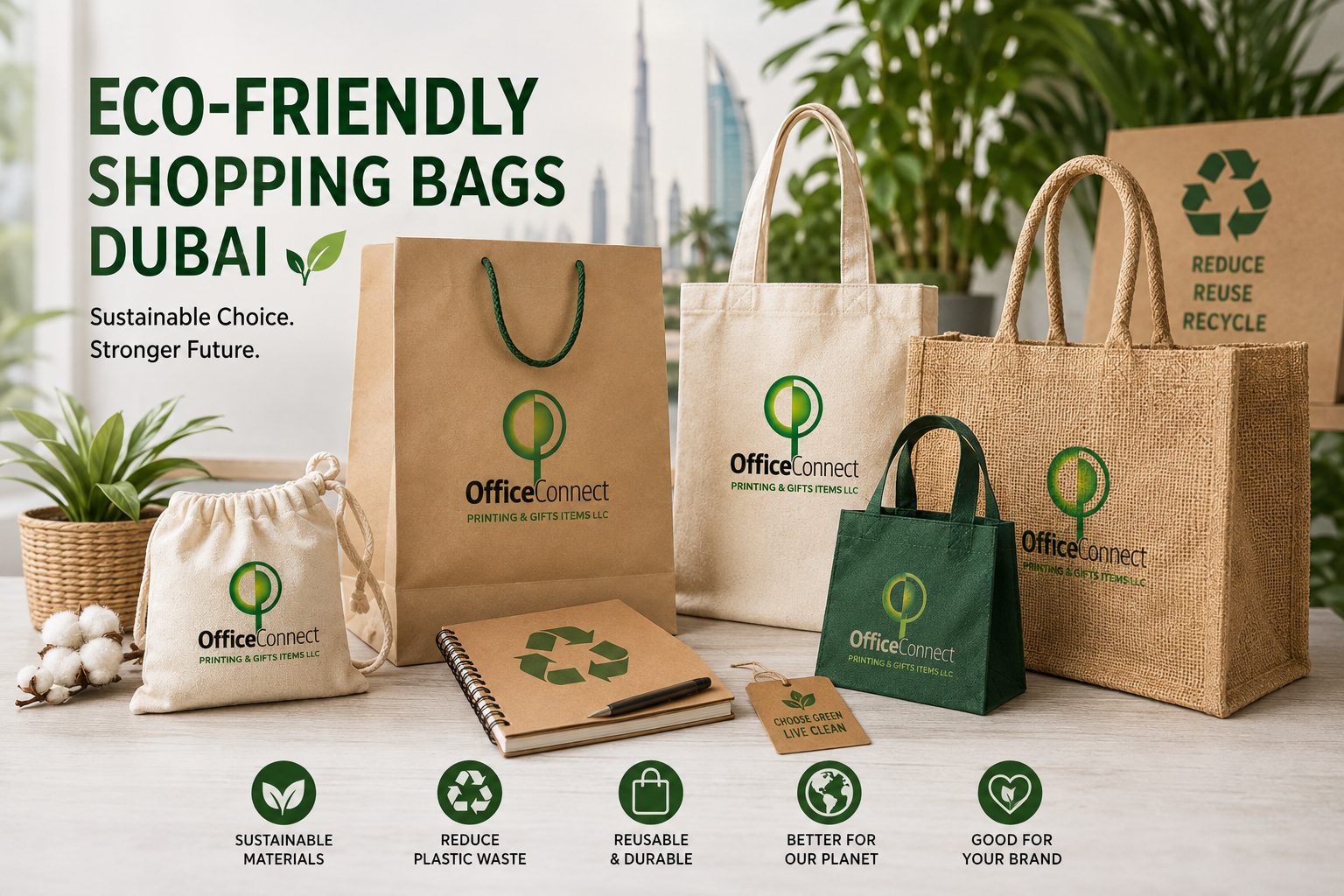 Eco-friendly shopping bags made from paper, cotton, and jute displayed together in Dubai