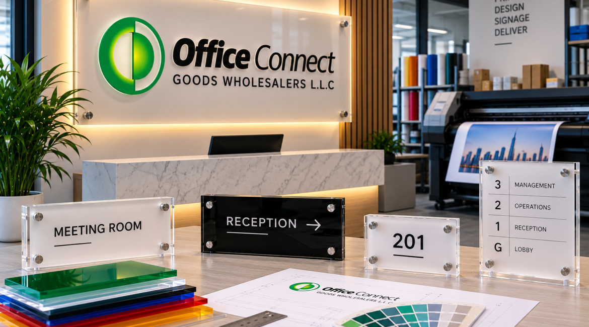 Acrylic reception sign with floating standoffs in a Dubai office