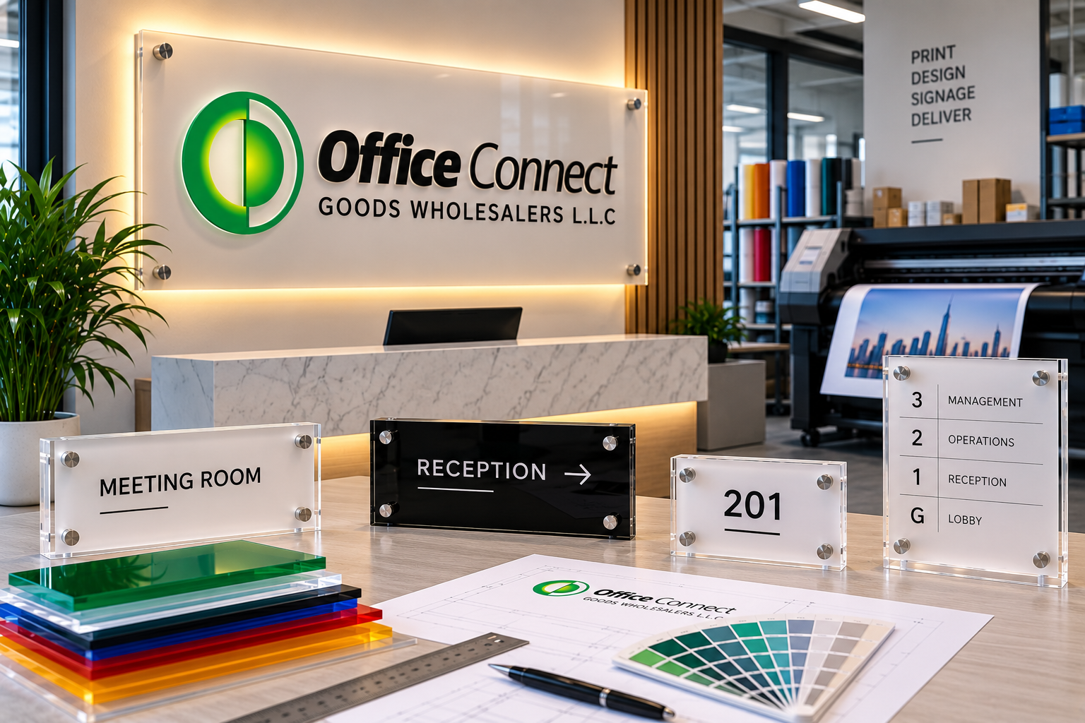 Acrylic reception sign with floating standoffs in a Dubai office